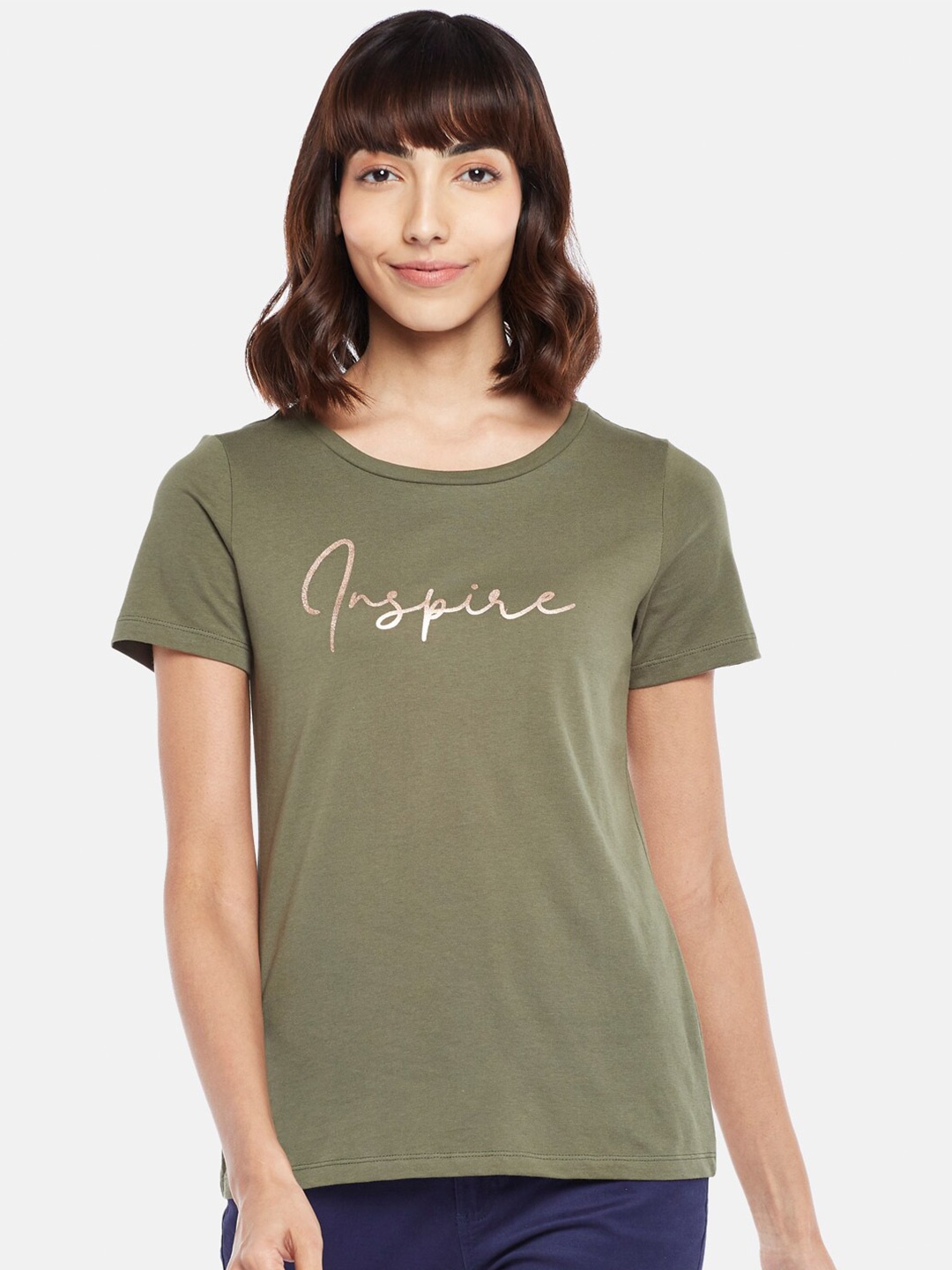 

Honey by Pantaloons Women Olive Green Typography Printed Pure Cotton T-shirt
