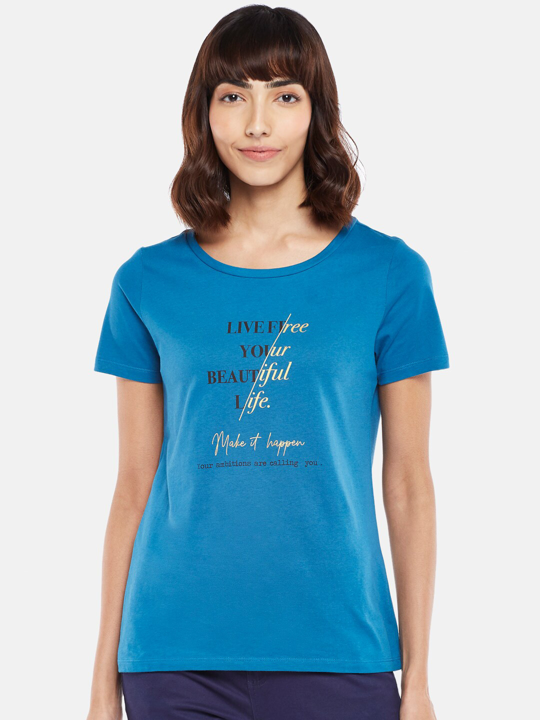 

Honey by Pantaloons Women Teal Typography Printed Pure Cotton Applique T-shirt
