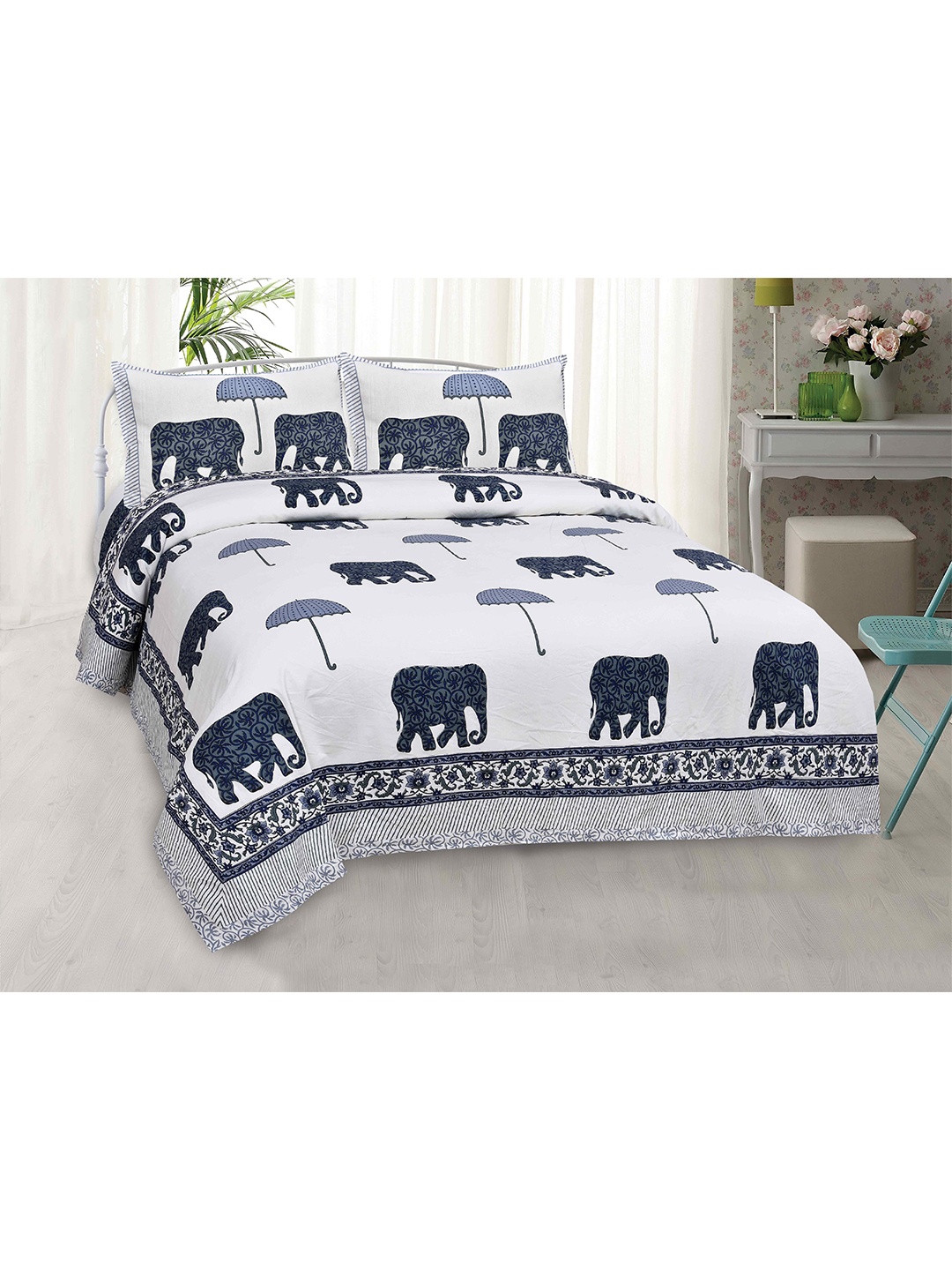 

JAIPUR FABRIC Blue & White Ethnic Motifs Fine Cotton Hand Block King Bedsheet Set