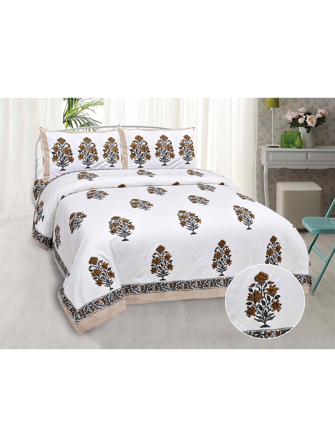 

JAIPUR FABRIC Brown & White Ethnic Motifs King Bedsheet with 2 Pillow Covers