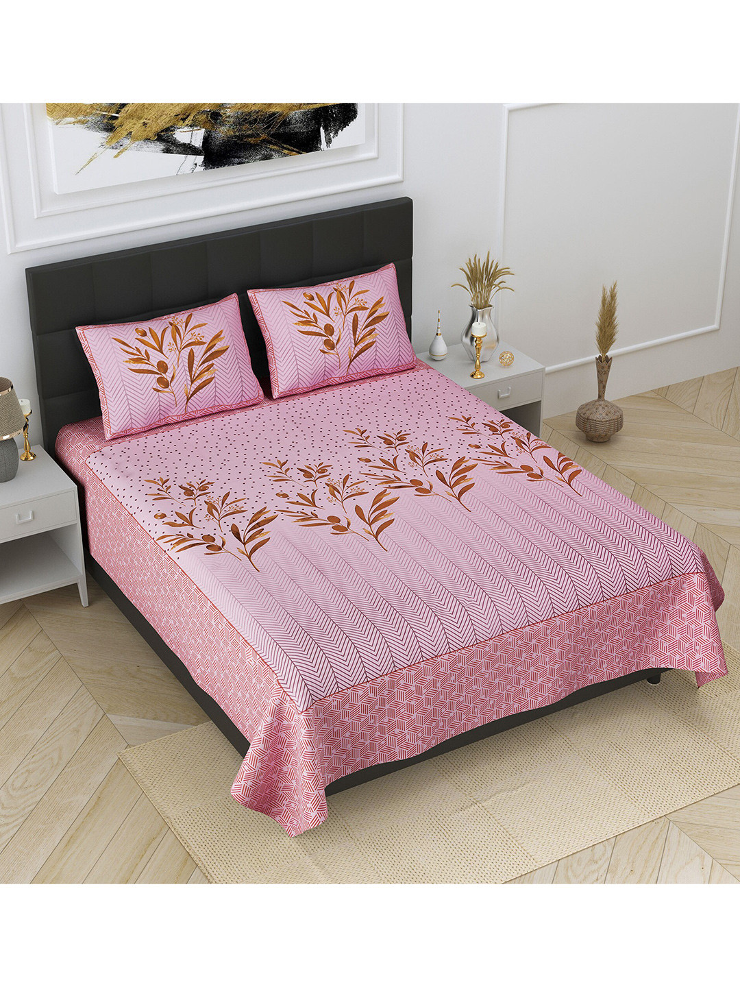 

JAIPUR FABRIC Pink & Brown Floral 240 TC Pure Cotton King Bedsheet with 2 Pillow Covers