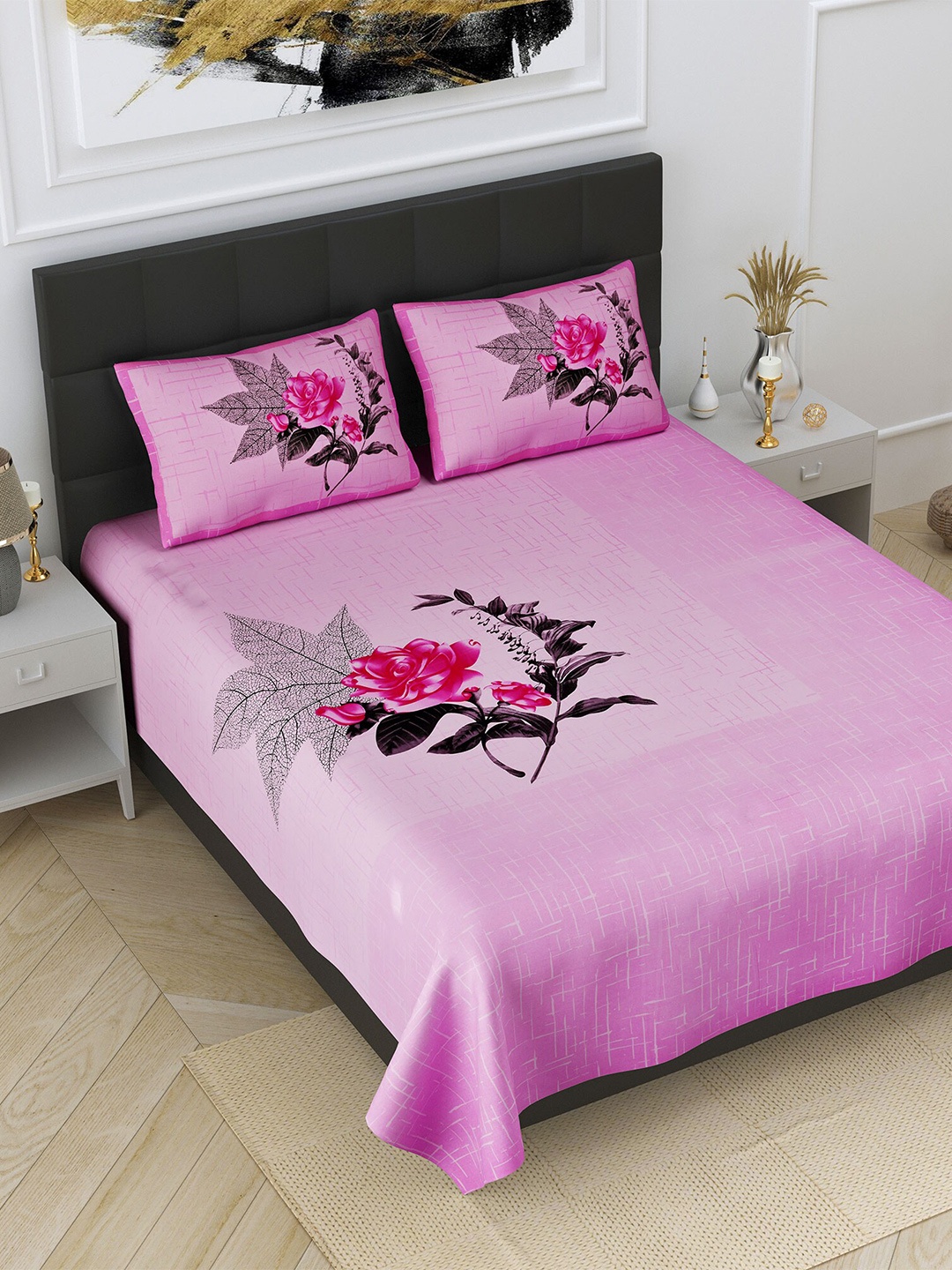 

JAIPUR FABRIC Pink & Black Floral King Bedsheet with 2 Pillow Covers