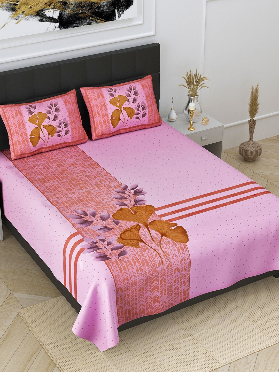 

JAIPUR FABRIC Pink & Brown Pure Cotton Floral King Bedsheet Set