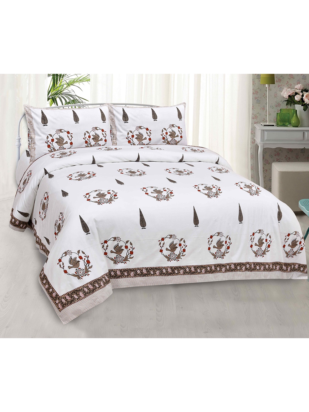 

JAIPUR FABRIC White & Brown Floral King Bedsheet with 2 Pillow Covers