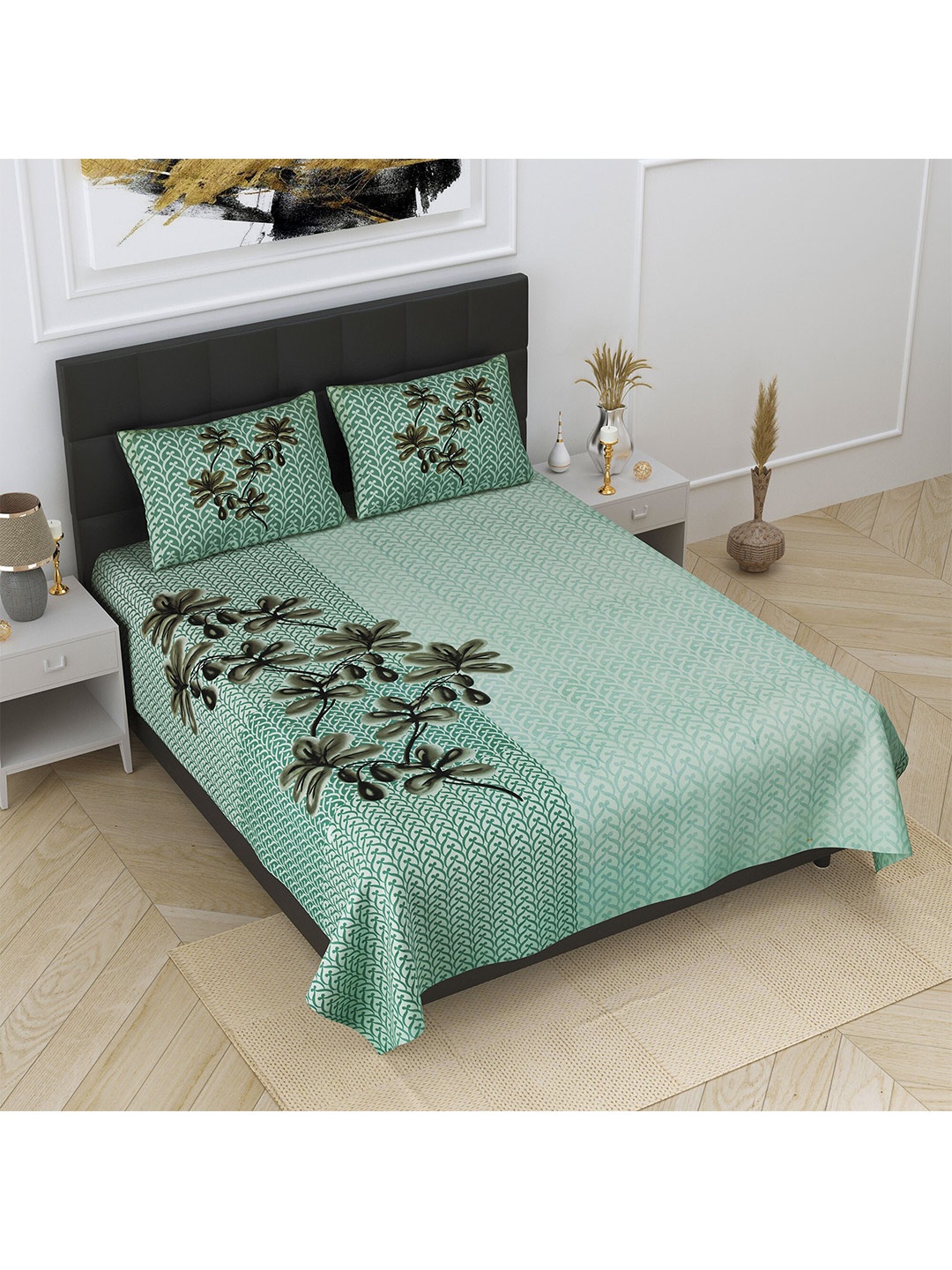 

JAIPUR FABRIC Green & Black Floral Cotton King Bedsheet with 2 Pillow Covers