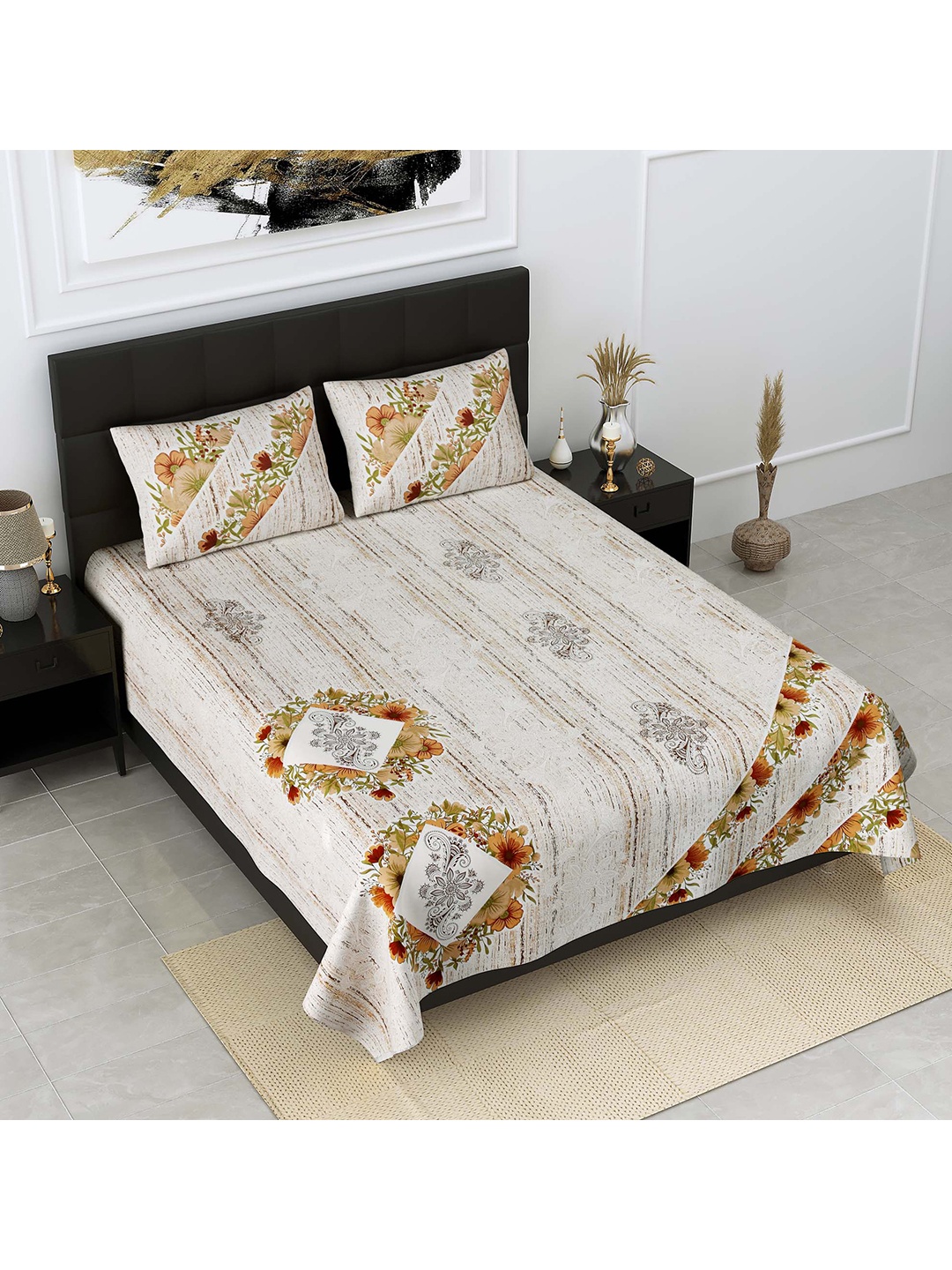 

JAIPUR FABRIC Beige & Yellow Floral 300 TC King Bedsheet with 2 Pillow Covers