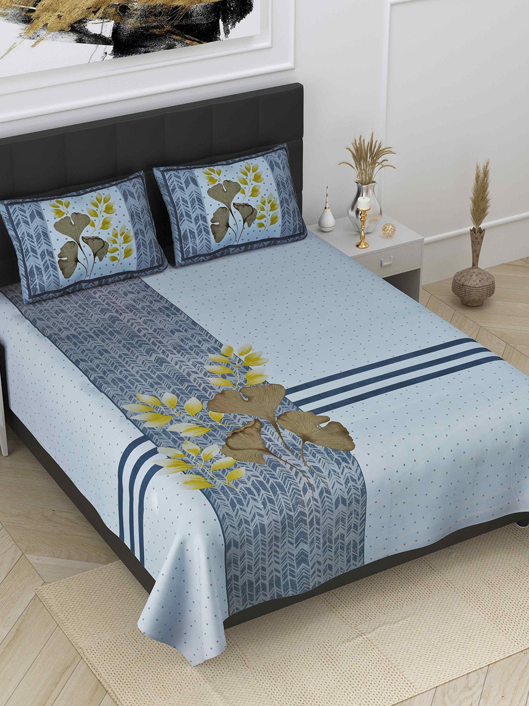 

JAIPUR FABRIC Blue & Green Floral Pure Cotton 240TC King Bedsheet with 2 Pillow Covers