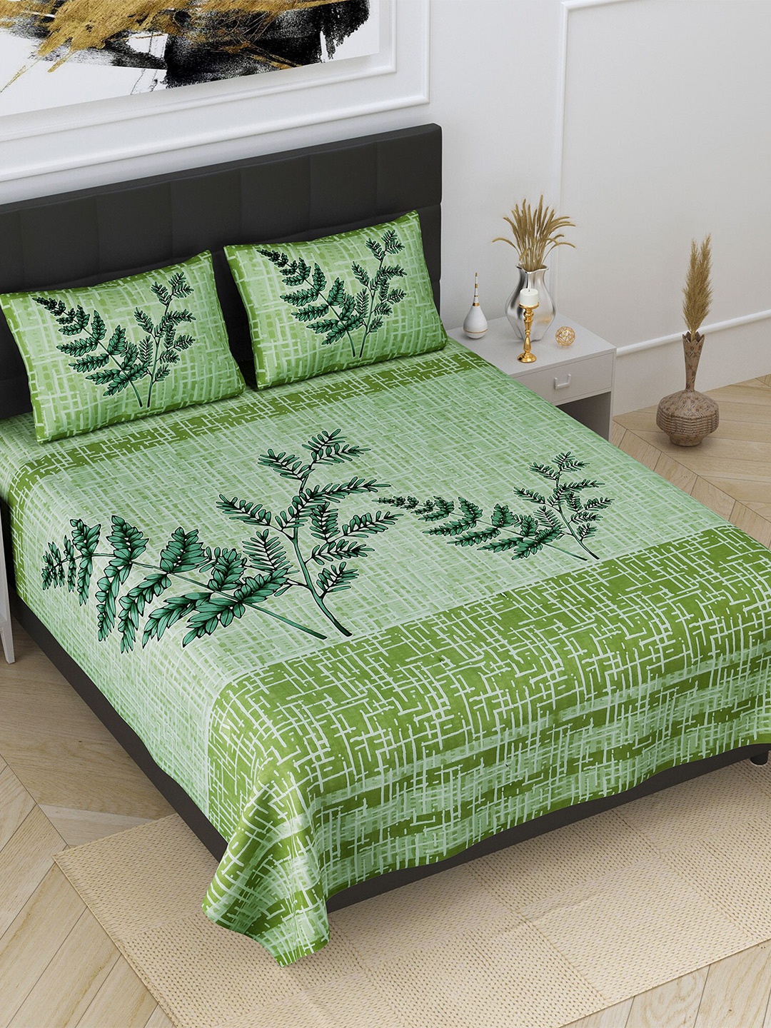 

JAIPUR FABRIC Green Floral 240 TC King Bedsheet with 2 Pillow Covers