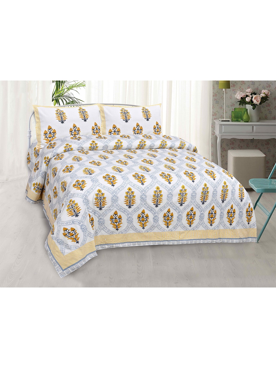 

JAIPUR FABRIC White & Yellow Block Print 240 TC Cotton King Bedsheet with 2 Pillow Covers