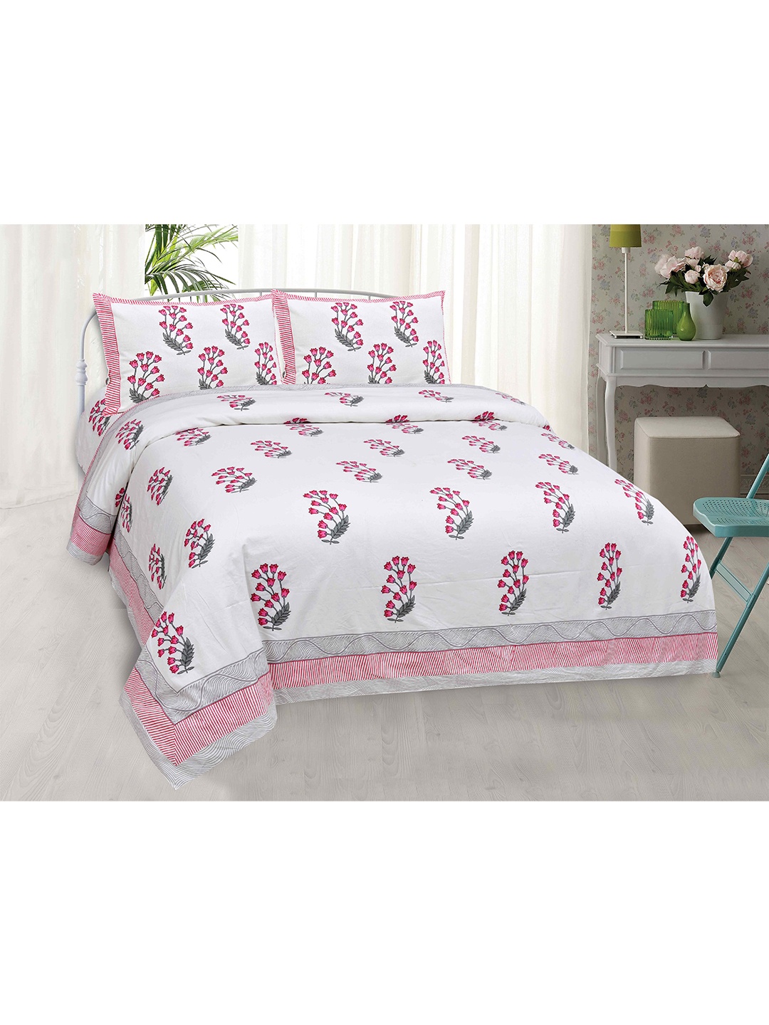 

JAIPUR FABRIC Pink & White 240 TC 1 King Bedsheet with 2 Pillow Covers