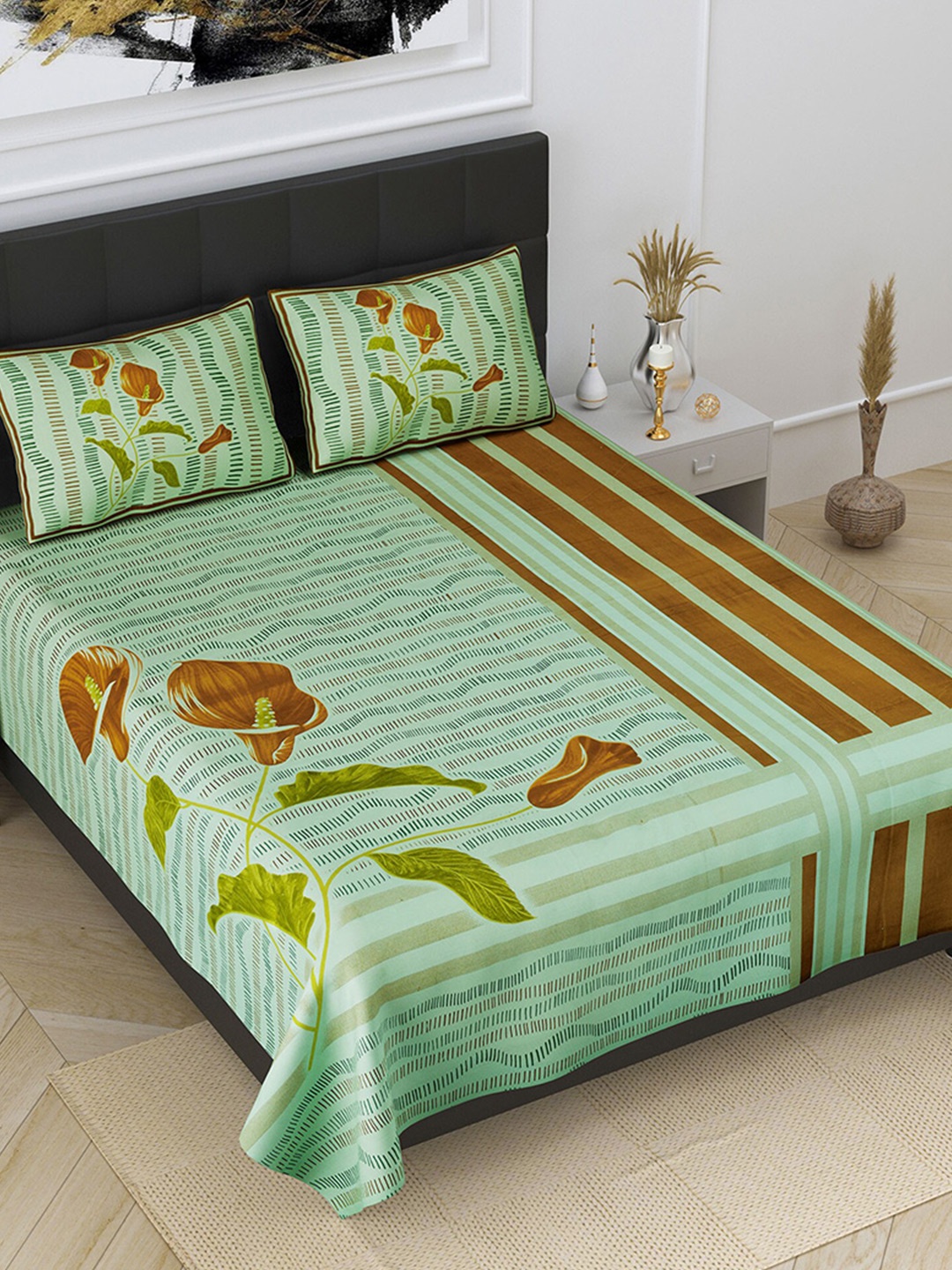 

JAIPUR FABRIC Green & Brown Pure Cotton Floral King Bedsheet Set