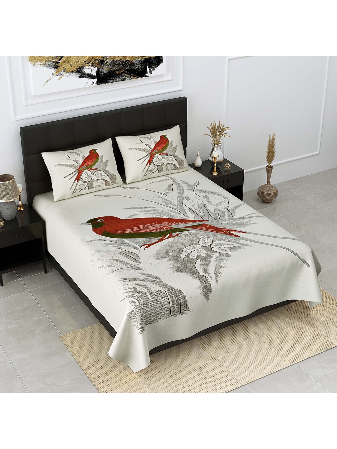 

JAIPUR FABRIC Off White & Red 300 TC King Bedsheet with 2 Pillow Covers