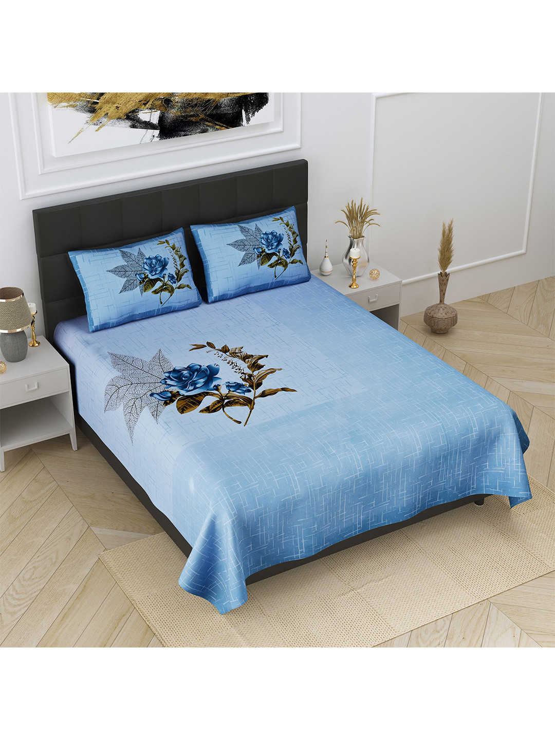 

JAIPUR FABRIC Blue & Brown Floral 240 TC King Bedsheet with 2 Pillow Covers
