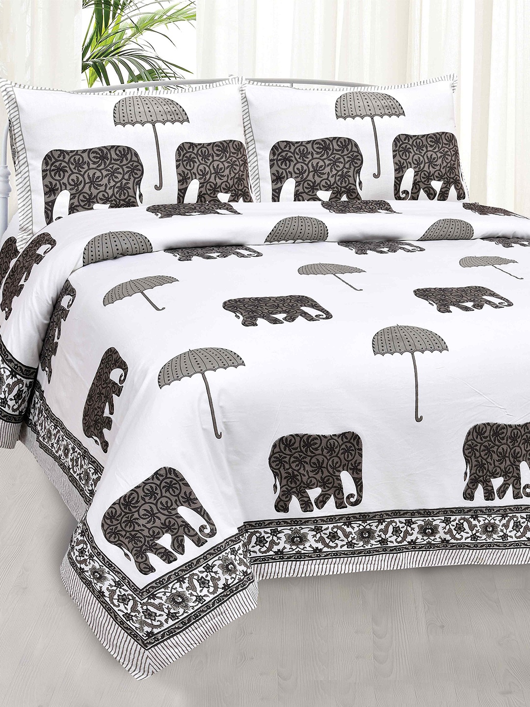 

JAIPUR FABRIC White & Grey Ethnic Motifs Cotton 240 TC King Bedsheet With 2 Pillow Covers