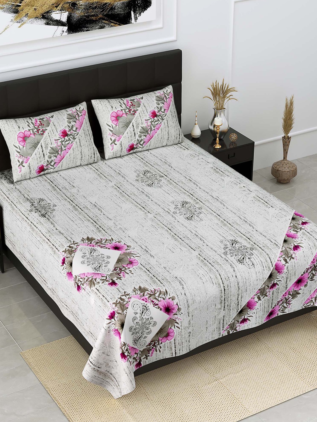 

JAIPUR FABRIC Grey & Pink Floral 300 TC King Bedsheet with 2 Pillow Covers