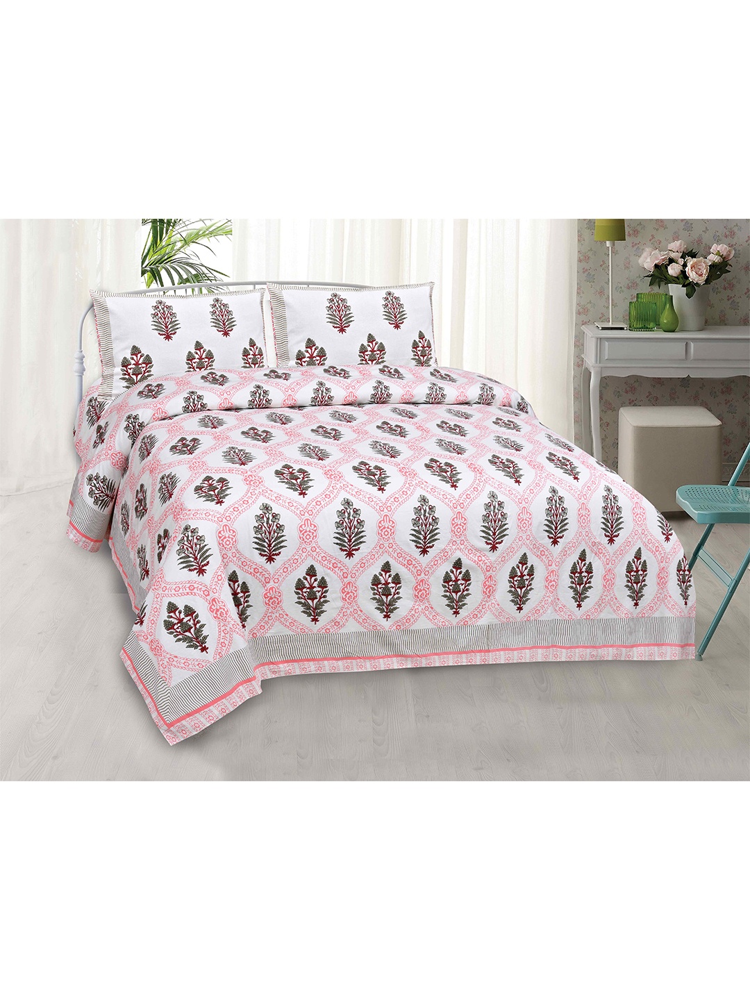 

JAIPUR FABRIC White & Pink Block Print 240 TC Cotton King Bedsheet with 2 Pillow Covers