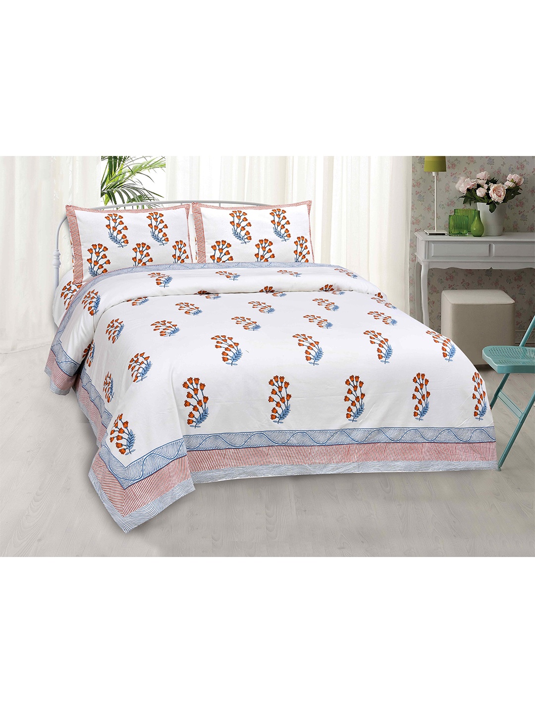 

JAIPUR FABRIC White & Mustard Block Printed Fine Cotton King Bedsheet with 2 Pillow Covers