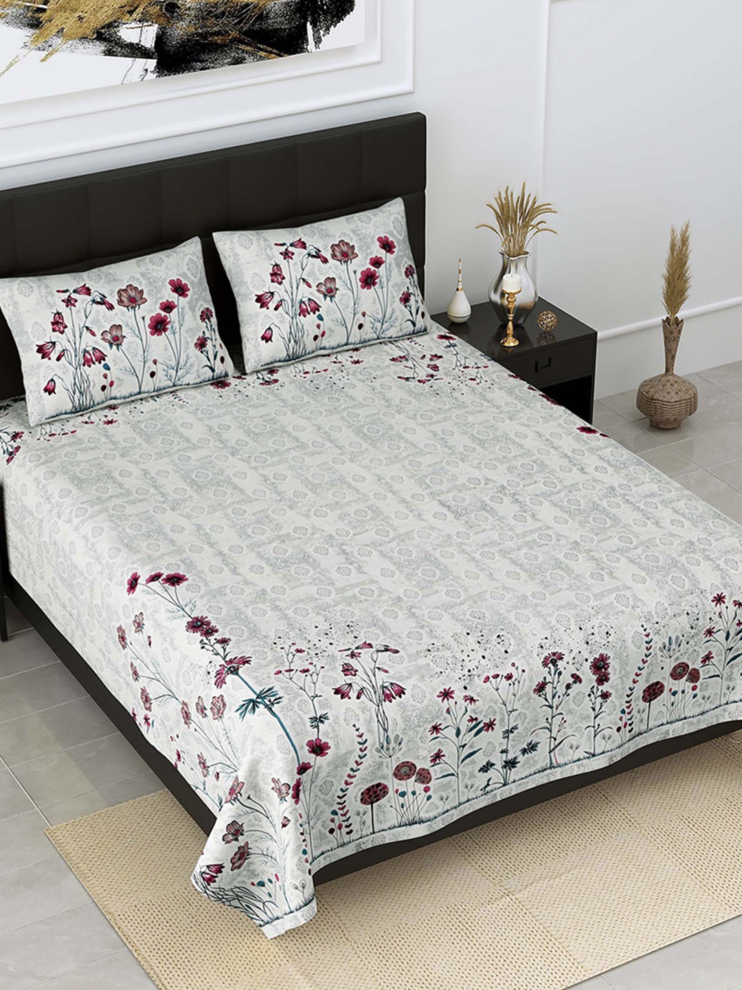 

JAIPUR FABRIC Grey & Pink Floral 300 TC Pure Cotton King Bedsheet Set