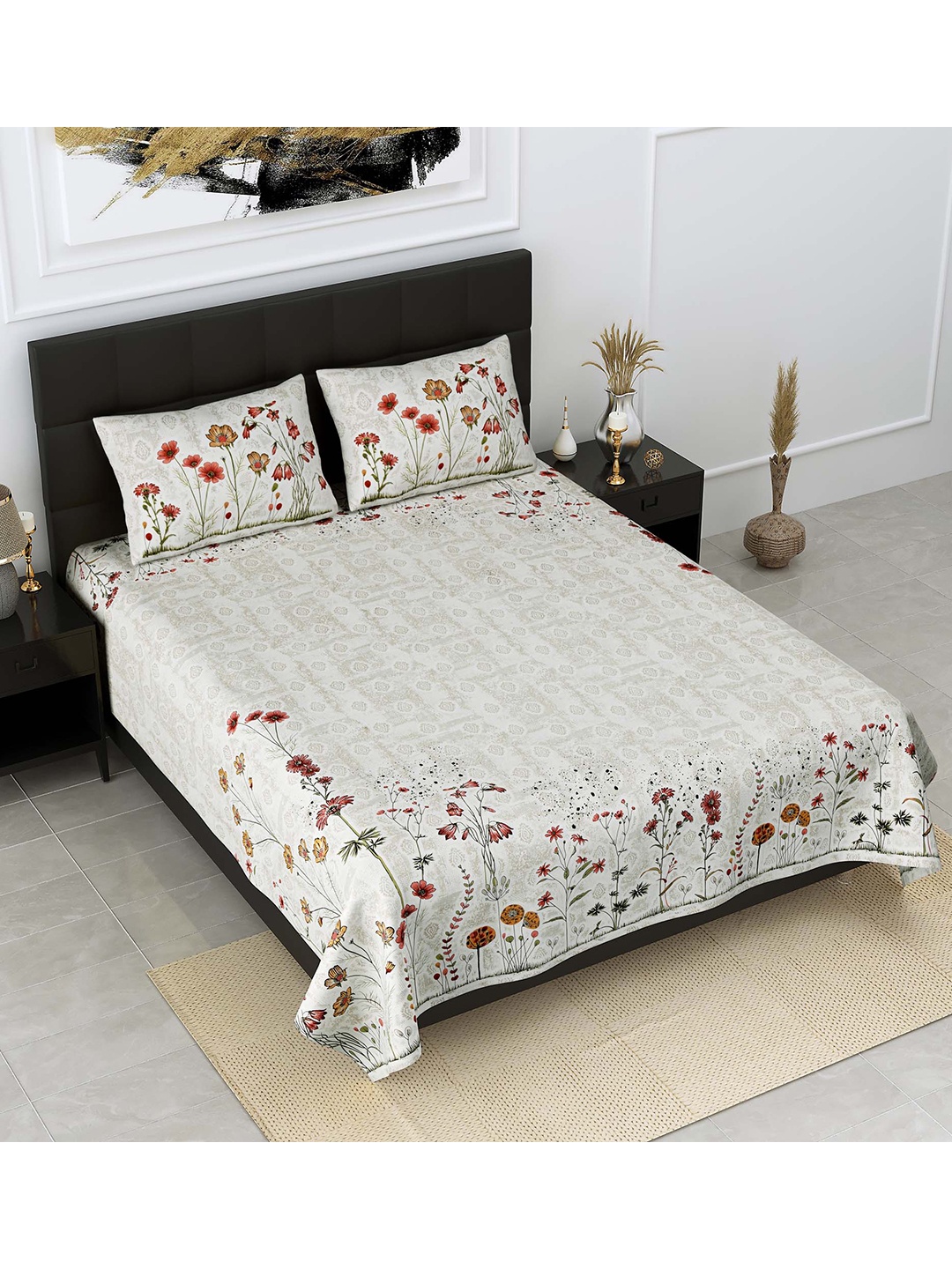 

JAIPUR FABRIC Grey & Red Floral 300 TC King Bedsheet with 2 Pillow Covers