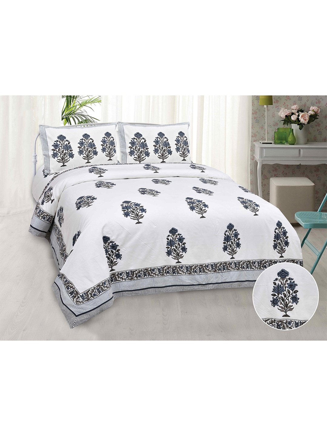 

JAIPUR FABRIC White & Grey Floral Printed Cotton 240 TC King Bedsheet with 2 Pillow Covers