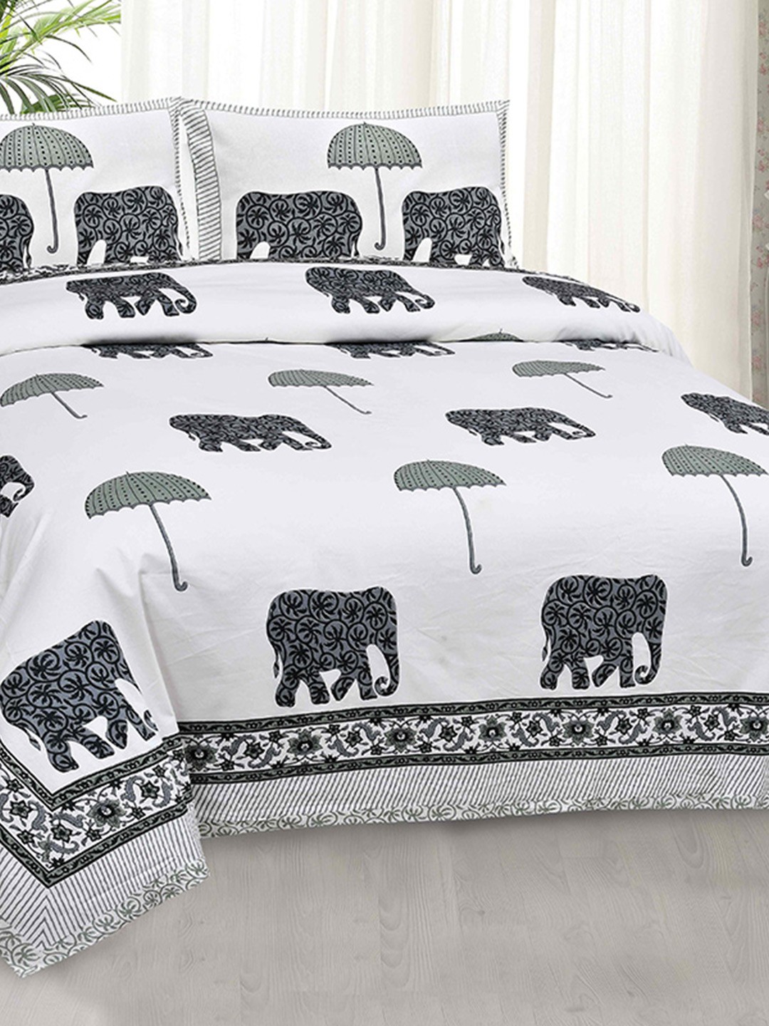 

JAIPUR FABRIC Grey & White Ethnic Motifs 240 TC King Bedsheet with 2 Pillow Covers