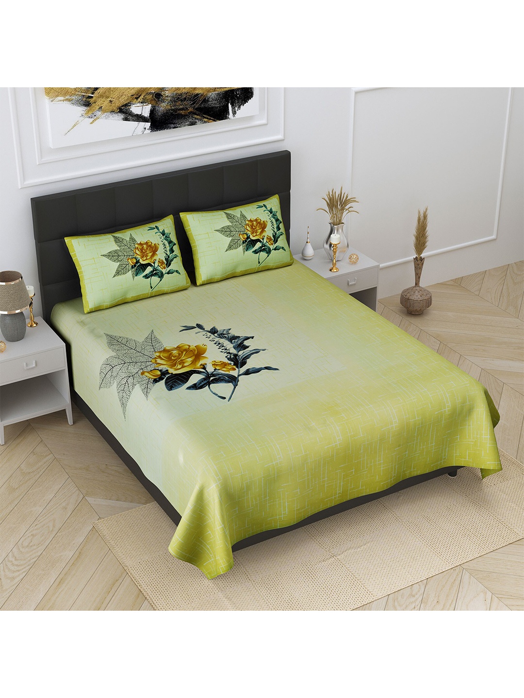

JAIPUR FABRIC Green & Orange Floral 240 TC King Bedsheet with 2 Pillow Covers