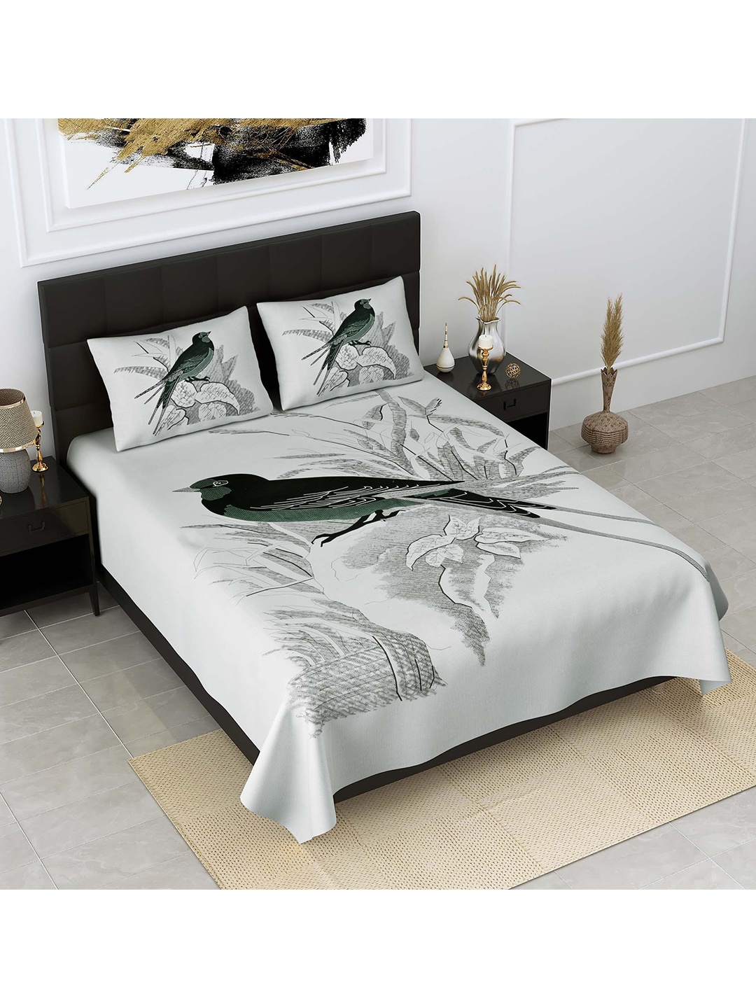 

JAIPUR FABRIC White & Grey Graphic 300 TC Pure Cotton King Bedsheet with 2 Pillow Covers