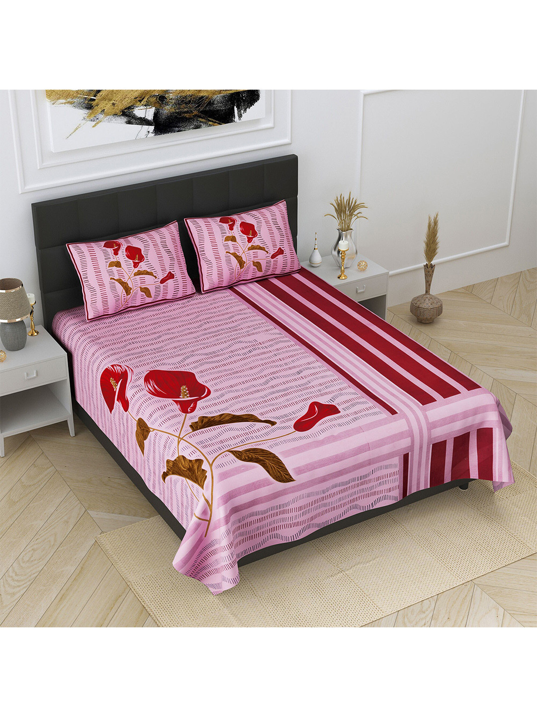 

JAIPUR FABRIC Pink & Red Floral Pure Cotton King Bedsheet Set