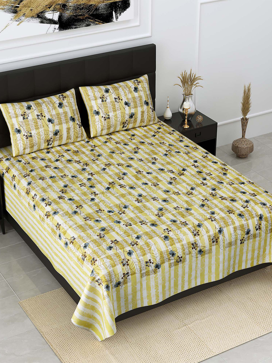 

JAIPUR FABRIC Blue & Yellow Floral 300 TC King Bedsheet with 2 Pillow Covers