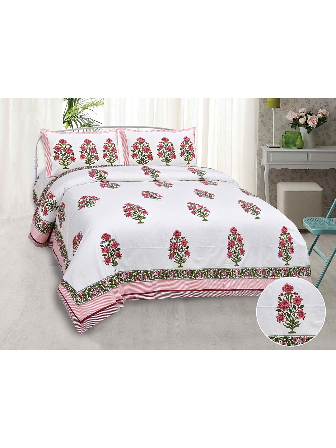 

JAIPUR FABRIC White & Pink Floral King Bedsheet with 2 Pillow Covers