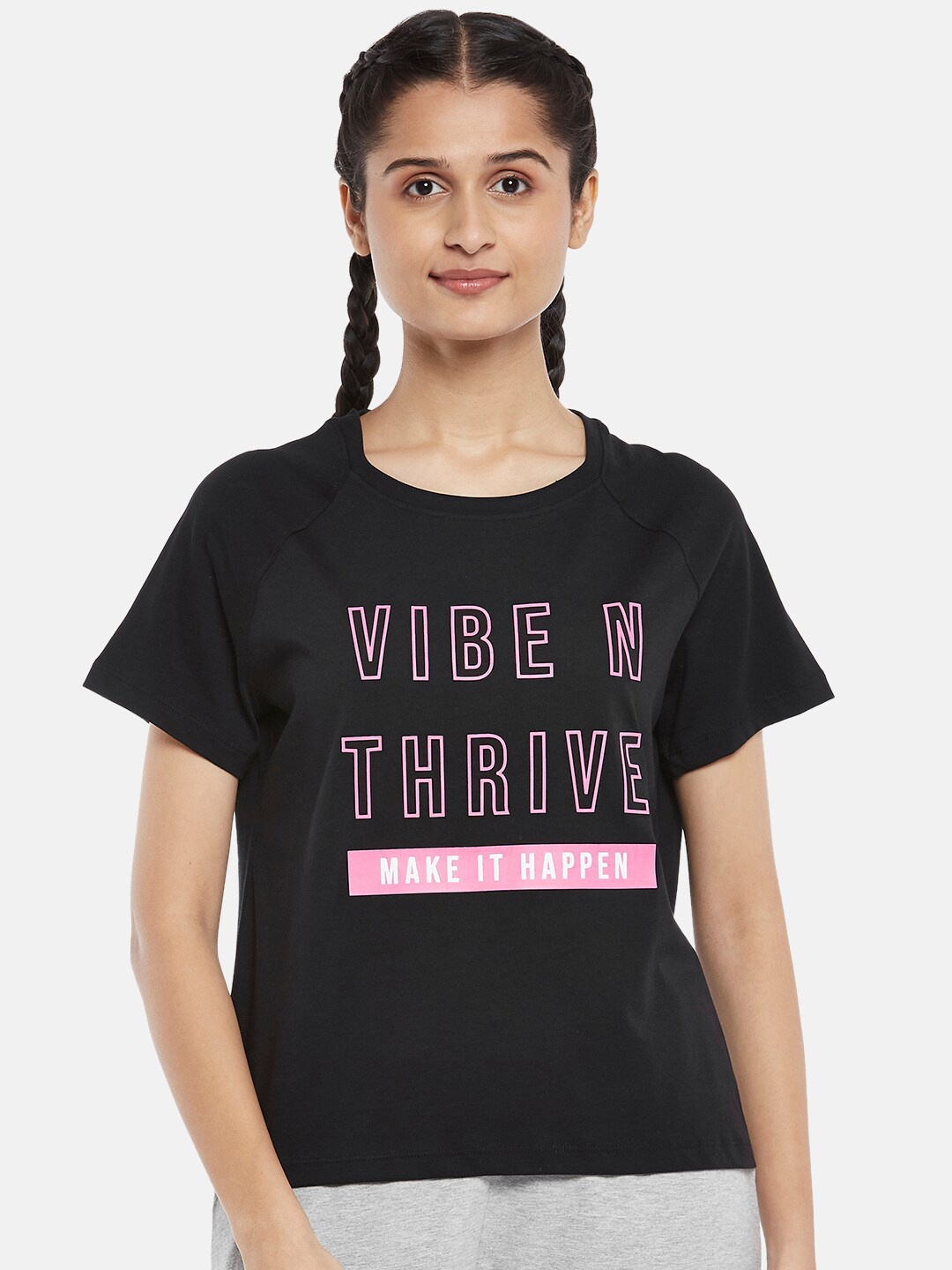 

Ajile by Pantaloons Black & Pink Typography Printed Pure Cotton Top