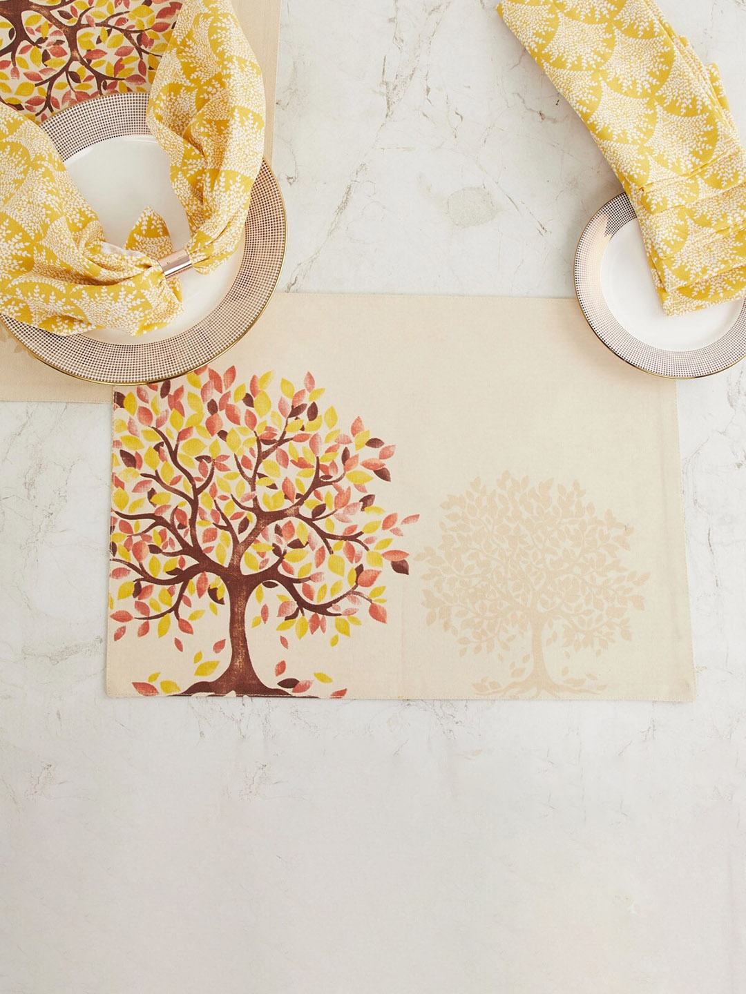 Home Centre 12 Pcs Corsica Persian Ochre Printed Cotton Reversible Placemats & Napkins, Yellow