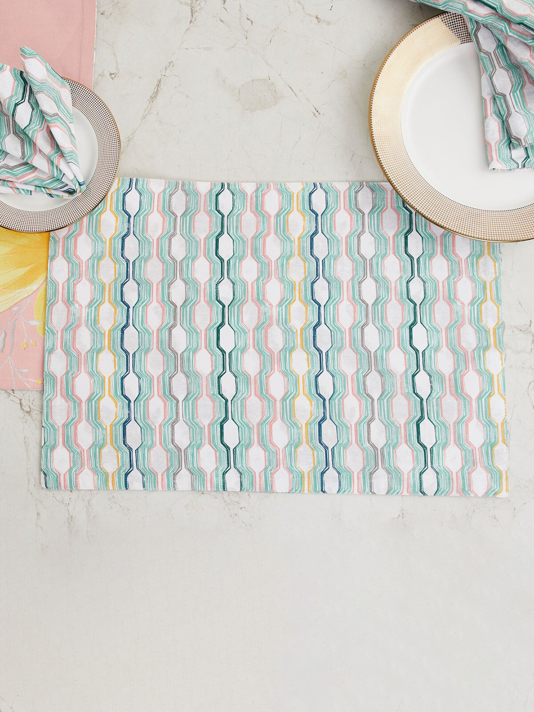 

Home Centre Set Of 12 Teal Printed Corsica Persian Cotton Reversible Placemat & Napkin