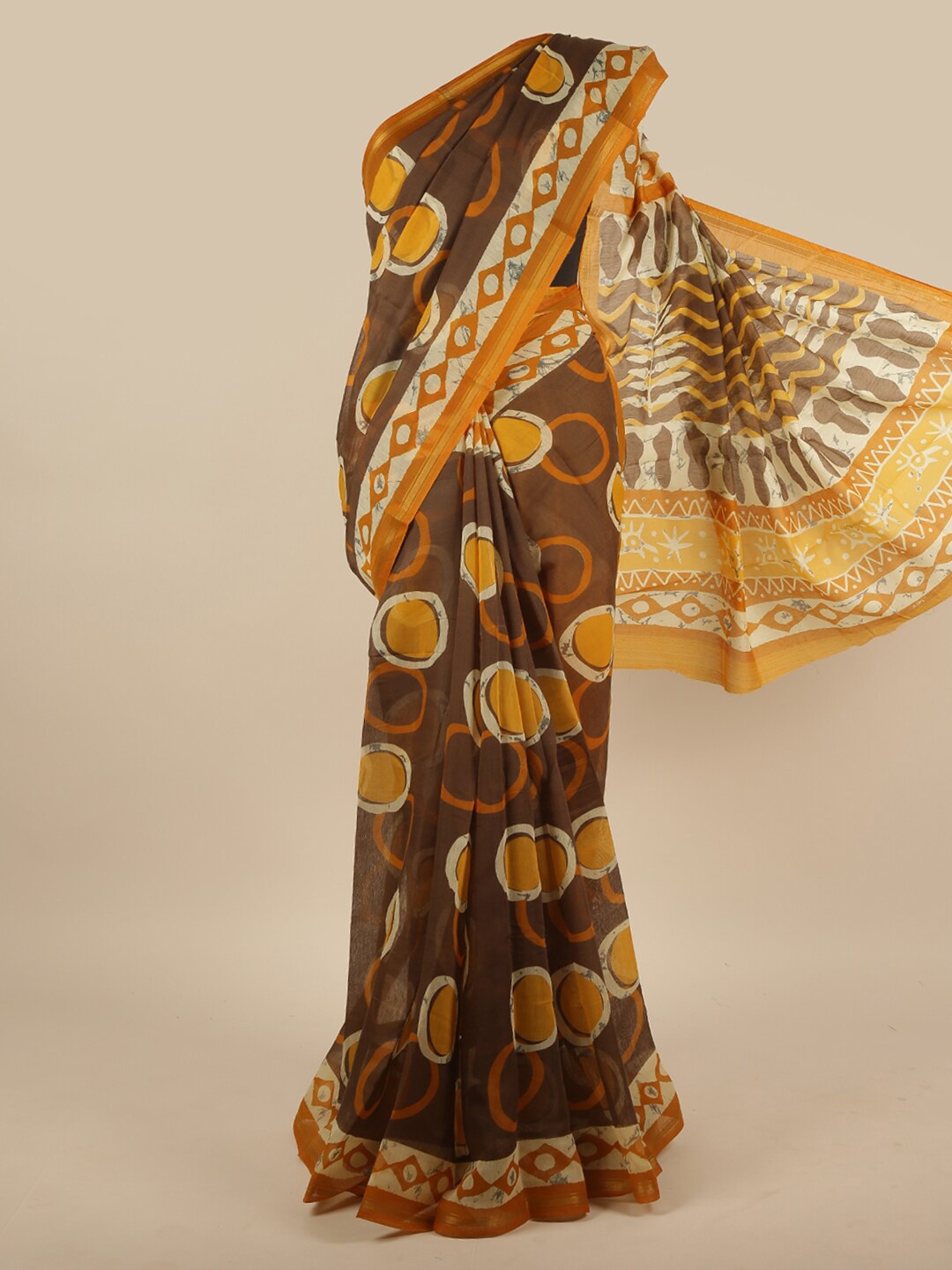 

Pothys Brown & Yellow Printed Saree