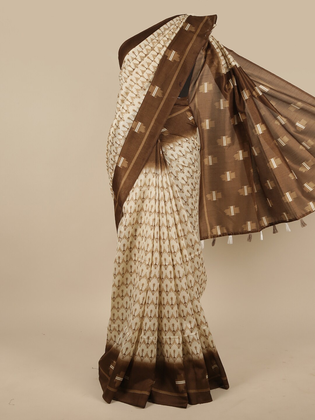 

Pothys Cream-Coloured & Brown Printed Saree