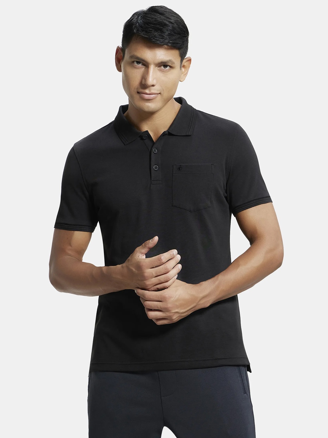 

Jockey Men Black Solid Regular Fit Polo Collar Cotton T-shirt