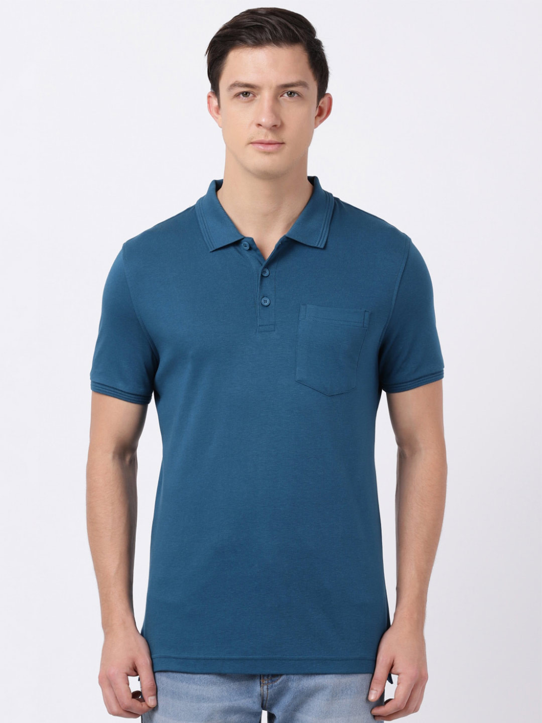

Jockey Men Blue Polo Collar Regular Fit T-shirt