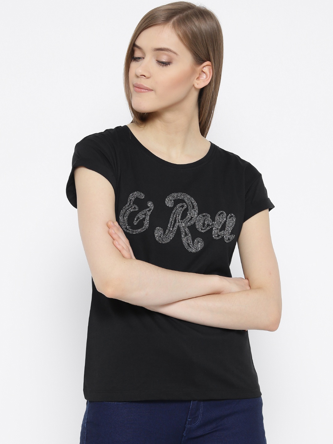 

Vero Moda Women Black Applique Round Neck Pure Cotton T-shirt
