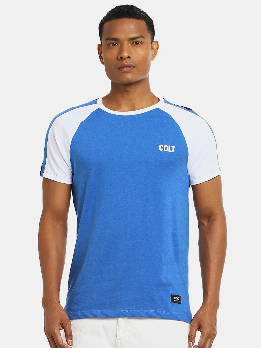 

Colt Men Blue & White Colourblocked Raglan Sleeves Cotton Regular Fit T-shirt
