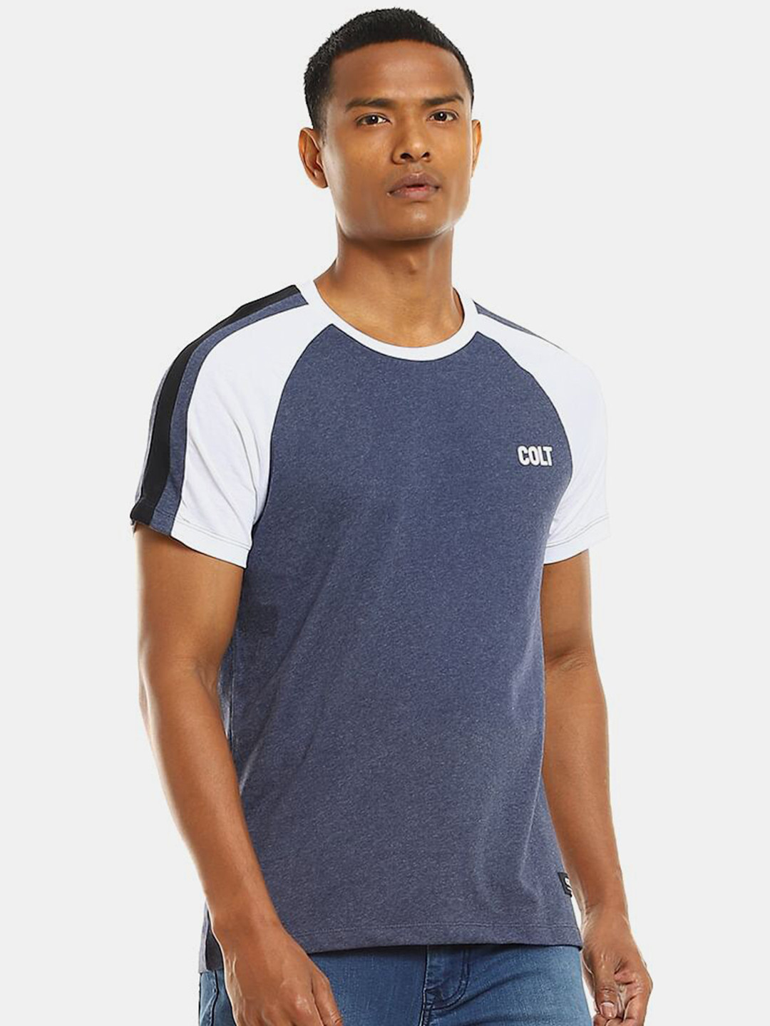 

Colt Men Navy Blue & crown blue Colourblocked Drop-Shoulder Sleeves Applique T-shirt