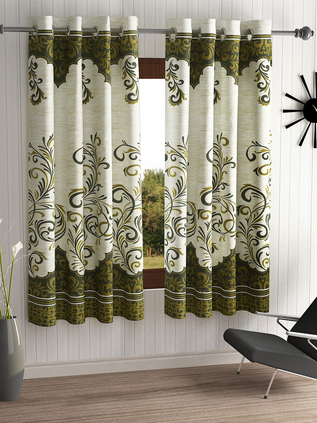 

Home Sizzler Set Of 2 Green & White Floral Window Curtain