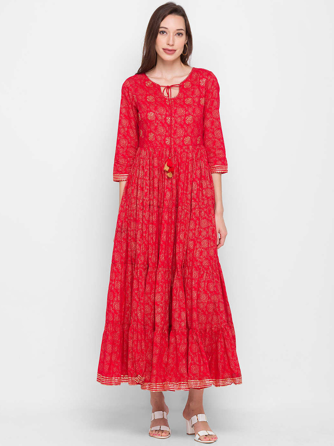 

ZOLA Red & Gold-Toned Floral Keyhole Neck Ethnic A-Line Cotton Midi Dress
