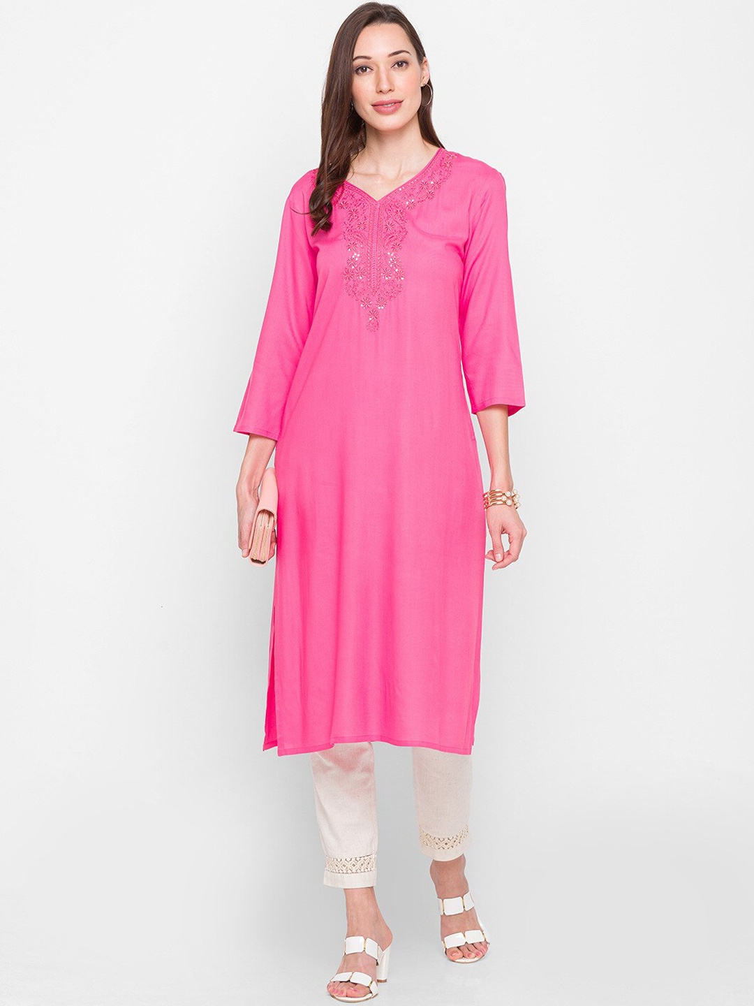 

ZOLA Women Pink & Silver-Toned Yoke Design Straight Kurta