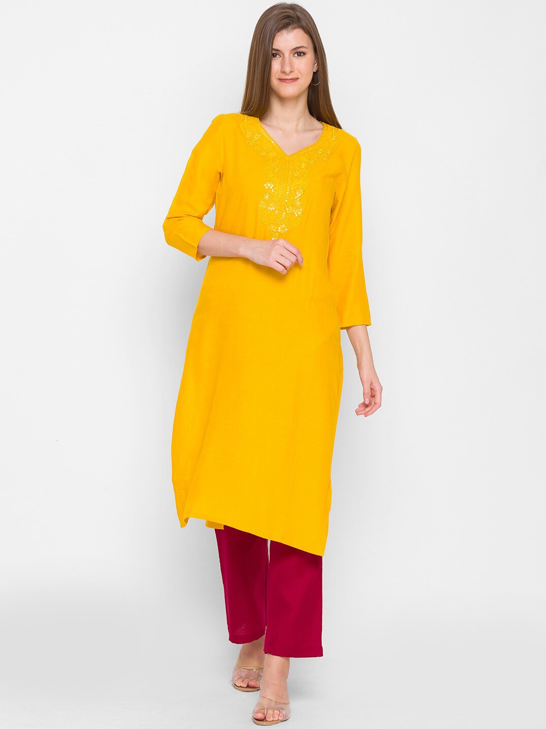 

ZOLA Women Mustard Yellow Embroidered Flared Sleeves Kurta