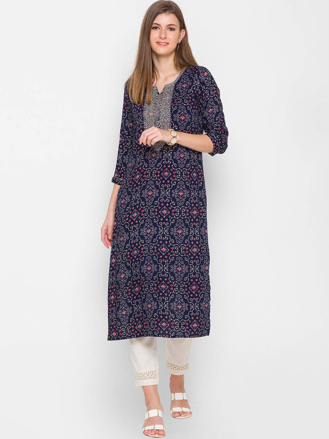 

ZOLA Women Navy Blue Bandhani Print Yoke Design Sequin Embellished Kurta