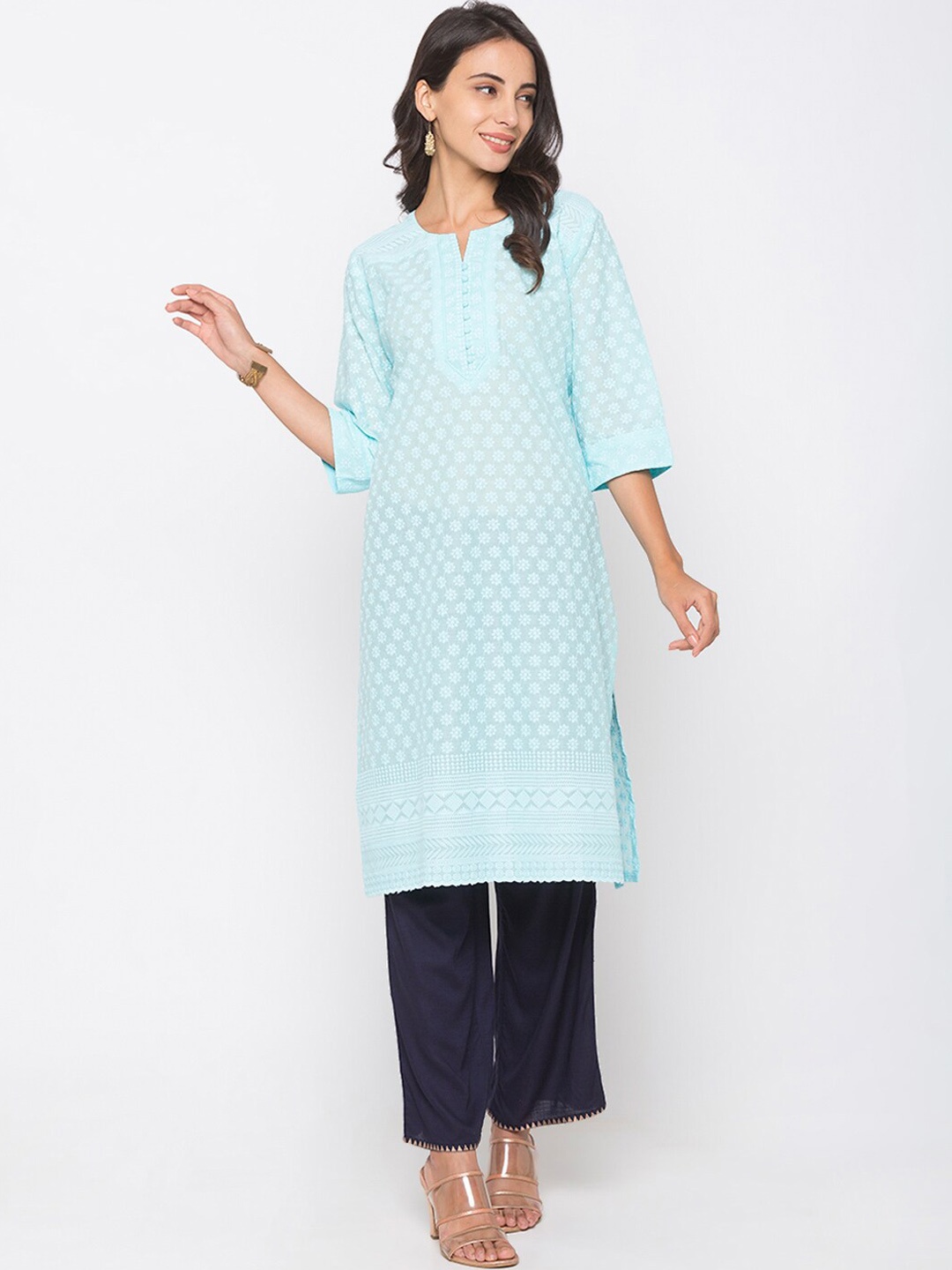 

ZOLA Woman Blue Ethnic Motifs Embroidered Chikankari Kurta