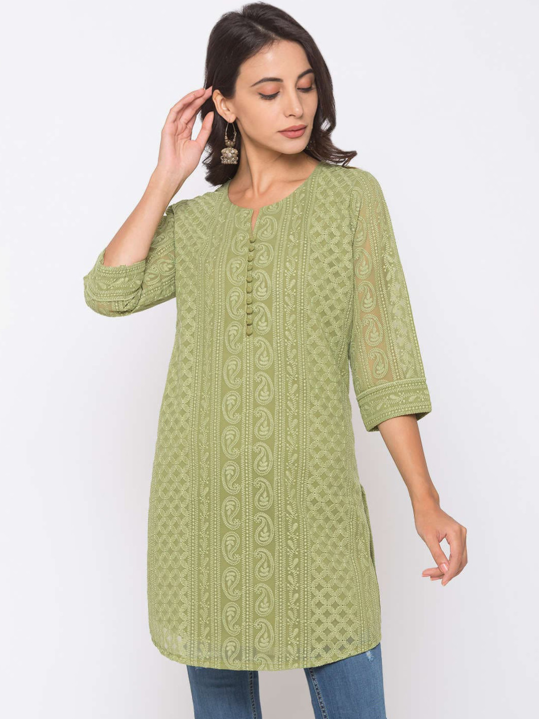 

ZOLA Paisley Embroidered Chikankari Kurti, Green