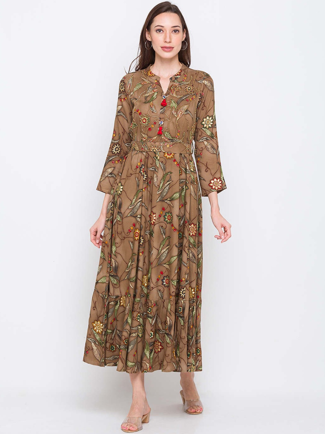 

ZOLA Women Beige Floral Printed Flared Sleeves Gotta Patti Anarkali Kurta
