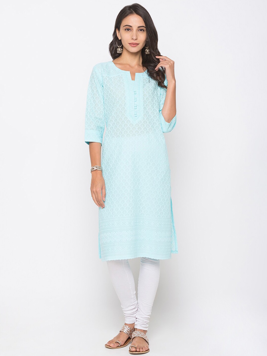 

ZOLA Women Blue Chikankari Keyhole Neck Straight Kurta