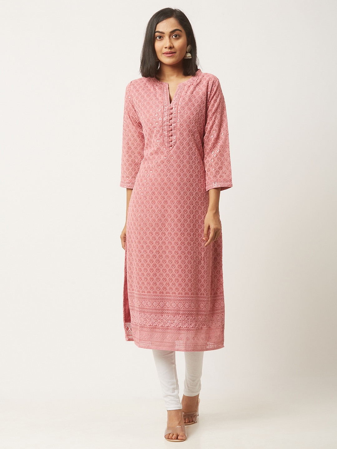 

ZOLA Women Pink Embroidered Chikankari Georgette A-Line Kurta